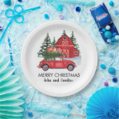 Vrolijk kerstfeest  Rode auto met Barn-bomen Papieren Bordje (Feest)