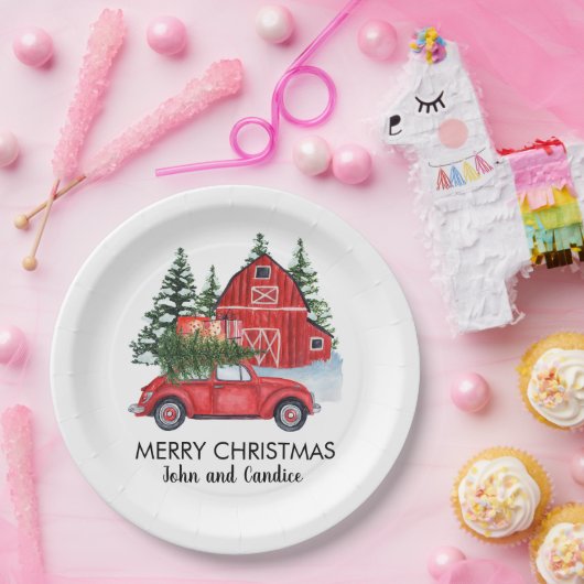 Vrolijk kerstfeest  Rode auto met Barn-bomen Papieren Bordje (Feest)