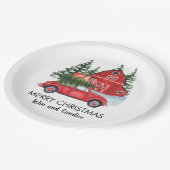 Vrolijk kerstfeest  Rode auto met Barn-bomen Papieren Bordje (Gekanteld)