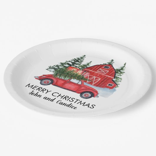 Vrolijk kerstfeest Rode auto met Barn-bomen Papieren Bordje (Gekanteld)