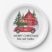 Vrolijk kerstfeest Rode auto met Barn-bomen Papieren Bordje (Voorkant)