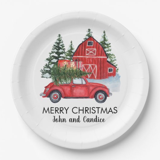 Vrolijk kerstfeest  Rode auto met Barn-bomen Papieren Bordje (Voorkant)