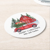 Vrolijk kerstfeest  Rode auto met Barn-bomen Ronde Kartonnen Onderzetter (Gebogen)
