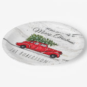 Vrolijk kerstfeest rode auto op maat papieren bordje (Gekanteld)