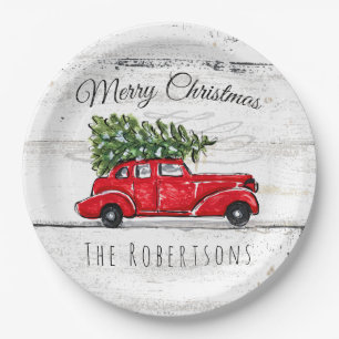 Vrolijk kerstfeest Rode auto Papieren Bordje