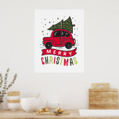 Vrolijk Kerstfeest Rode Autoboom Feestdagen Xmas Poster (Keuken)