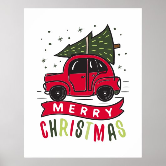 Vrolijk Kerstfeest Rode Autoboom Feestdagen Xmas Poster (Voorkant)