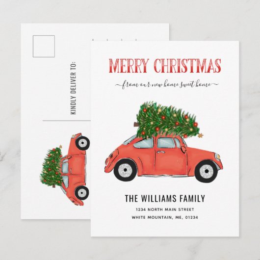 Vrolijk kerstfeest  rode autoboom verhuizen aankondigingskaart (Voorkant / Achterkant)