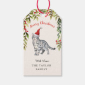 Vrolijk Kerstfeest Rode bessen Groene Blad Kat Lie Cadeaulabel (Voorkant)