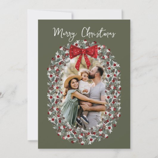 Vrolijk kerstfeest rode boog familie foto feestdagenkaart (Voorkant)