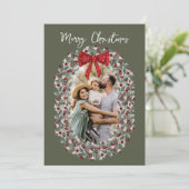 Vrolijk kerstfeest rode boog familie foto feestdagenkaart (Staand voorkant)