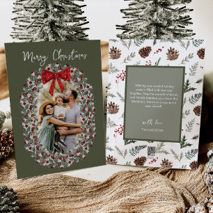 Vrolijk kerstfeest rode boog familie foto feestdagenkaart