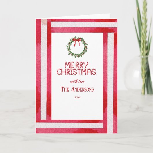 Vrolijk Kerstfeest Rode Boog Krans Gepersonaliseer Feestdagen Kaart (Voorkant)