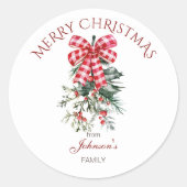 Vrolijk kerstfeest rode boogdennen rustiek ronde sticker (Voorkant)