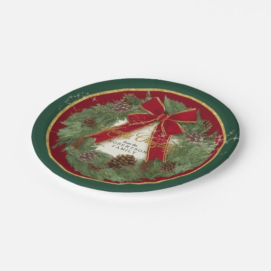 Vrolijk Kerstfeest Rode Bow Pine Cone krans Papieren Bordje (Gekanteld)