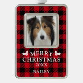 Vrolijk Kerstfeest Rode Buffel Check Hond Foto Verzilverd Omlijst Ornament (Voorkant)