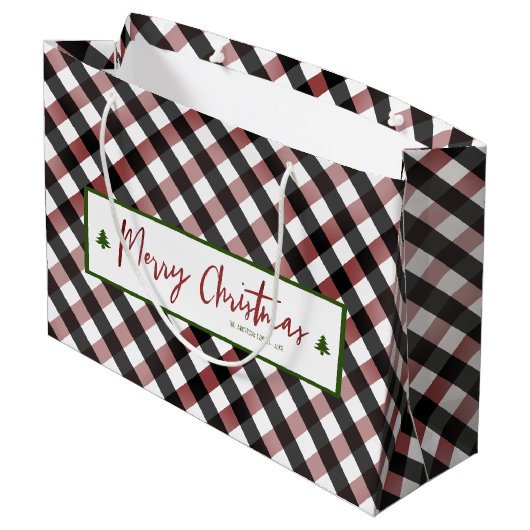 Vrolijk Kerstfeest Rode Buffel Check Plaid Groot Cadeauzakje (Achterkant Gekanteld)