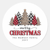 Vrolijk Kerstfeest Rode Buffel Plaid en Leopard Tr Ronde Sticker (Voorkant)