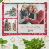 Vrolijk Kerstfeest Rode Doodles 5 Foto Familie Gif Theedoek (Gevouwen)