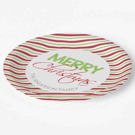Vrolijk kerstfeest | Rode en groene strepen Papieren Bordje (Gekanteld)