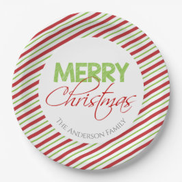 Vrolijk kerstfeest | Rode en groene strepen Papieren Bordje