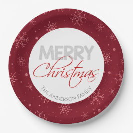 Vrolijk kerstfeest | Rode en witte sneeuwvlokken Papieren Bordje