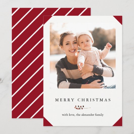 Vrolijk Kerstfeest Rode en Witte Strepen Fotokaart Feestdagenkaart (Voorkant / Achterkant)