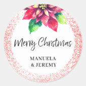 Vrolijk Kerstfeest Rode Glitter Poinsettia Ronde Sticker (Voorkant)