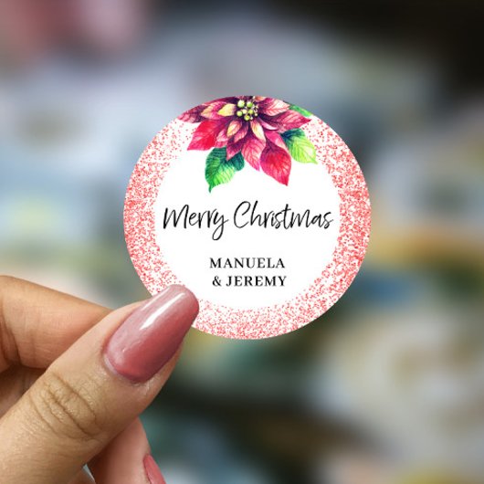Vrolijk Kerstfeest Rode Glitter Poinsettia Ronde Sticker