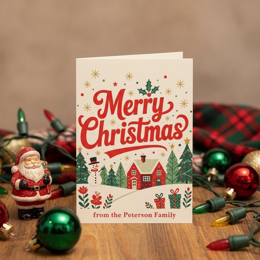  Vrolijk Kerstfeest Rode Huis Sneeuwman Familie Kaart