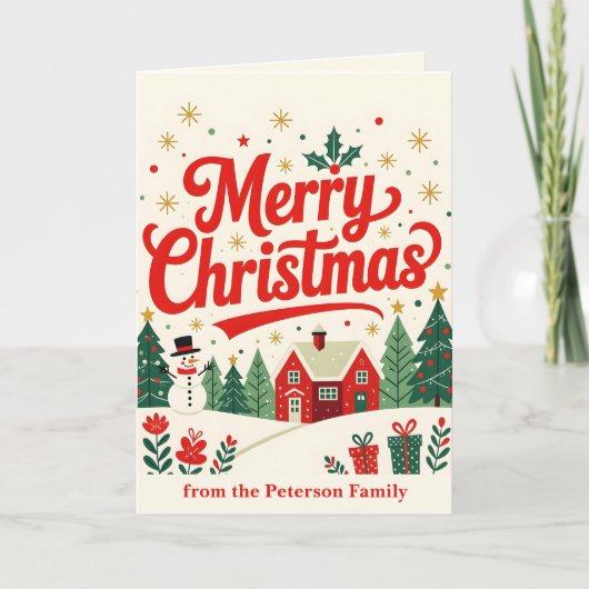  Vrolijk Kerstfeest Rode Huis Sneeuwman Familie Kaart (Voorkant)