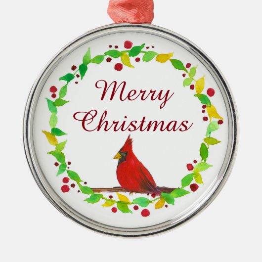 Vrolijk Kerstfeest Rode Kardinaal Waterverf Metalen Ornament (Voorkant)