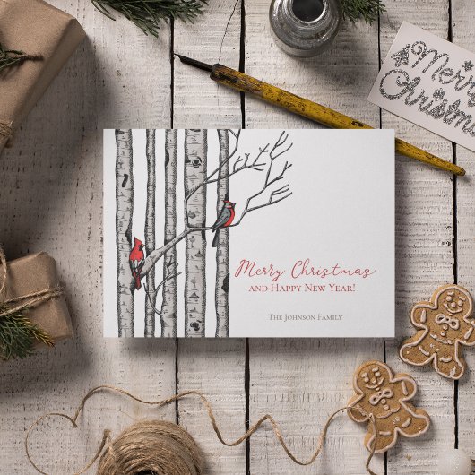 Vrolijk Kerstfeest Rode Kardinalen op Berkentakken Feestdagenkaart