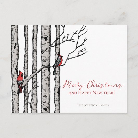 Vrolijk Kerstfeest Rode Kardinalen op Berkentakken Feestdagenkaart (Voorkant)