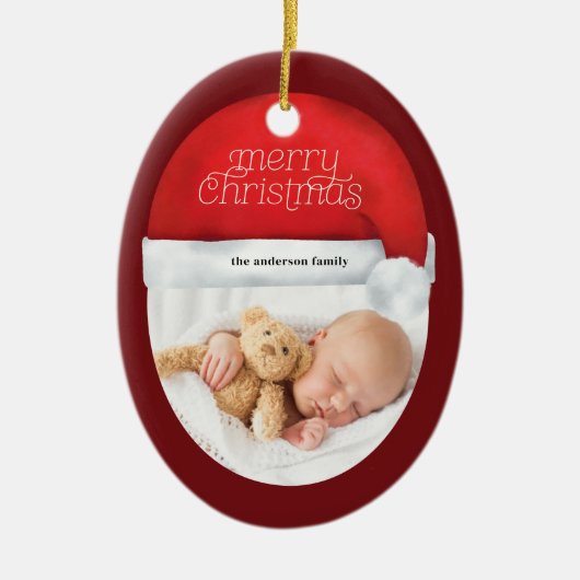 Vrolijk Kerstfeest Rode Kerstman Hoed Photo Script Keramisch Ornament (Voorkant)