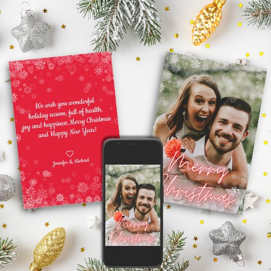 Vrolijk Kerstfeest Rode Neon Script Vakantiefoto Kaart