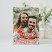 Vrolijk Kerstfeest Rode Neon Script Vakantiefoto Kaart (Staand voorkant)