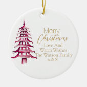 Vrolijk Kerstfeest Rode Pagode Kerstboom 1-Foto Keramisch Ornament (Voorkant)