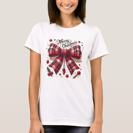 Vrolijk Kerstfeest Rode plaid haarboog T-shirt (Voorkant)
