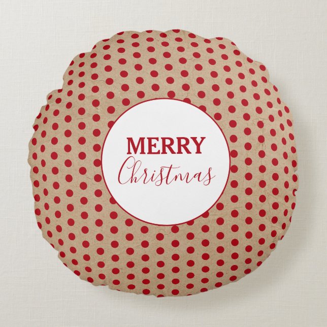 Vrolijk kerstfeest Rode Polka Dots Kraft Rustic Rond Kussen (Voorkant)