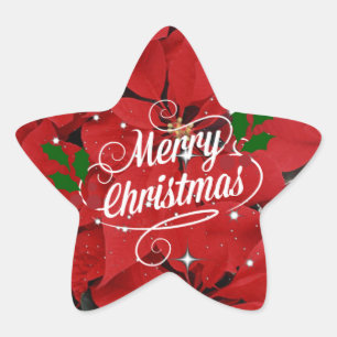 Vrolijk kerstfeest, rode punsettias, ster sticker