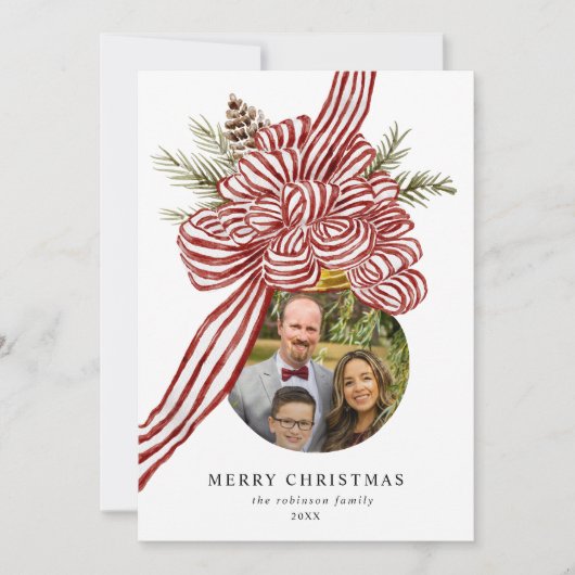 Vrolijk Kerstfeest Rode strik Familie Foto Groen Feestdagenkaart (Voorkant)