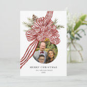 Vrolijk Kerstfeest Rode strik Familie Foto Groen Feestdagenkaart (Staand voorkant)