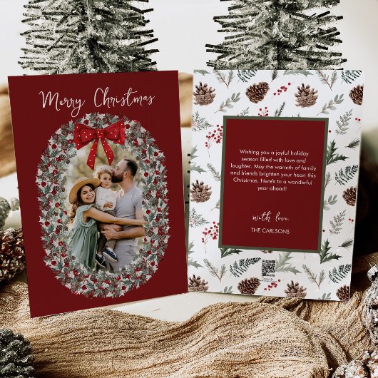 Vrolijk Kerstfeest Rode strik Foto Vakantie Kaart
