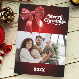 Vrolijk Kerstfeest rode strik fotokaart Feestdagenkaart
