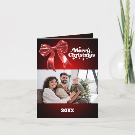 Vrolijk Kerstfeest rode strik fotokaart jaar in re Feestdagen Kaart (Voorkant)