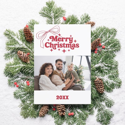 Vrolijk Kerstfeest rode strik retro foto kaart