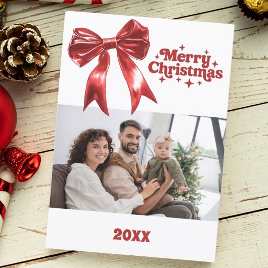 Vrolijk Kerstfeest rode strik retro foto kaart