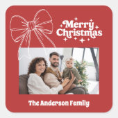 Vrolijk Kerstfeest rode strik witte foto Vierkante Sticker (Voorkant)