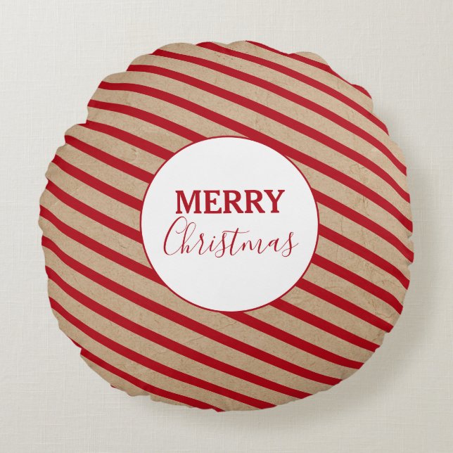 Vrolijk kerstfeest Rode Stripes Kraft Rustic Rond Kussen (Voorkant)